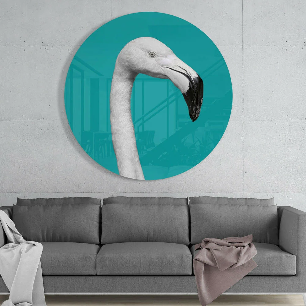 White Flamingo Teal Circle Glass Wall Art - Image 2