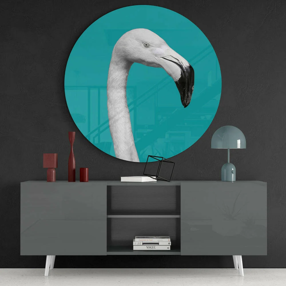 White Flamingo Teal Circle Glass Wall Art - Image 4