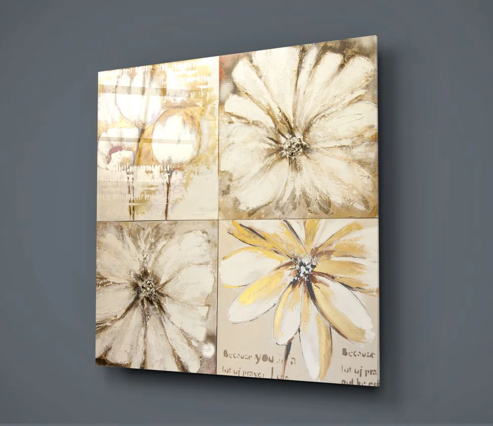 White Gold Floral Four Panel Glass Wall Art - Image 2