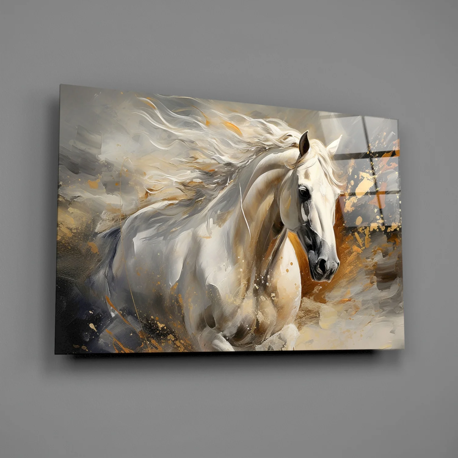 White Horse Gold Splatter Glass Wall Art - Image 2