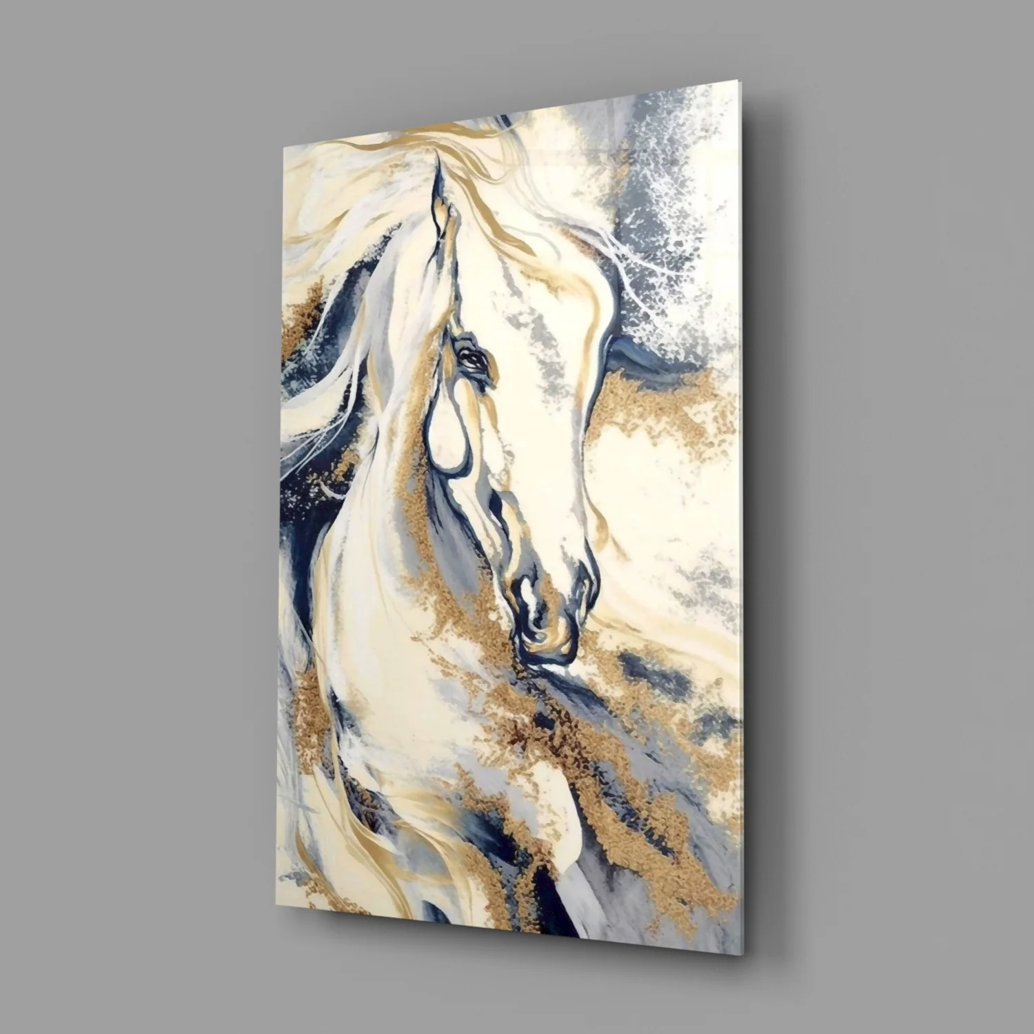 White Horse Navy Gold Marble Glass Wall Art - Image 2
