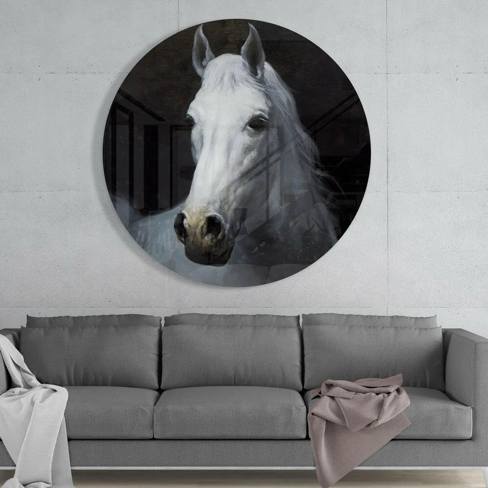 White Horse Portrait Circle Glass Wall Art - Image 2