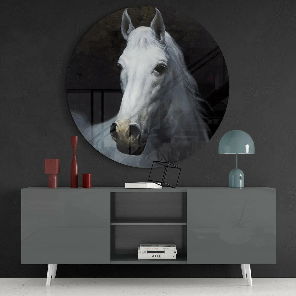 White Horse Portrait Circle Glass Wall Art - Image 4