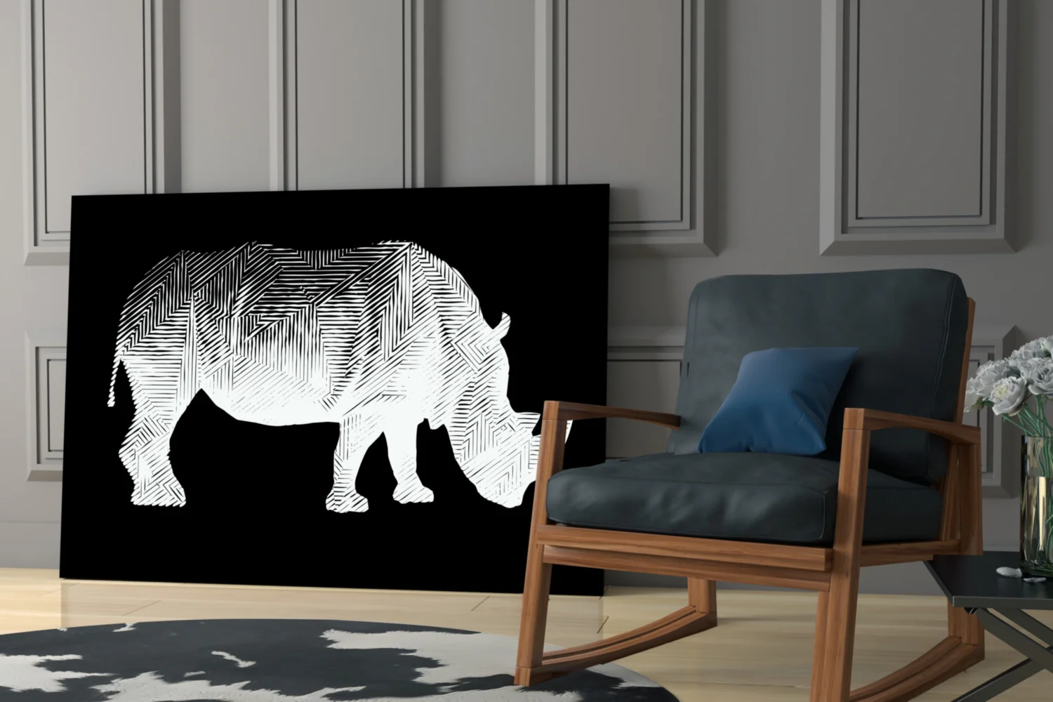 White Line Rhino on Black Glass Wall Art - Image 6