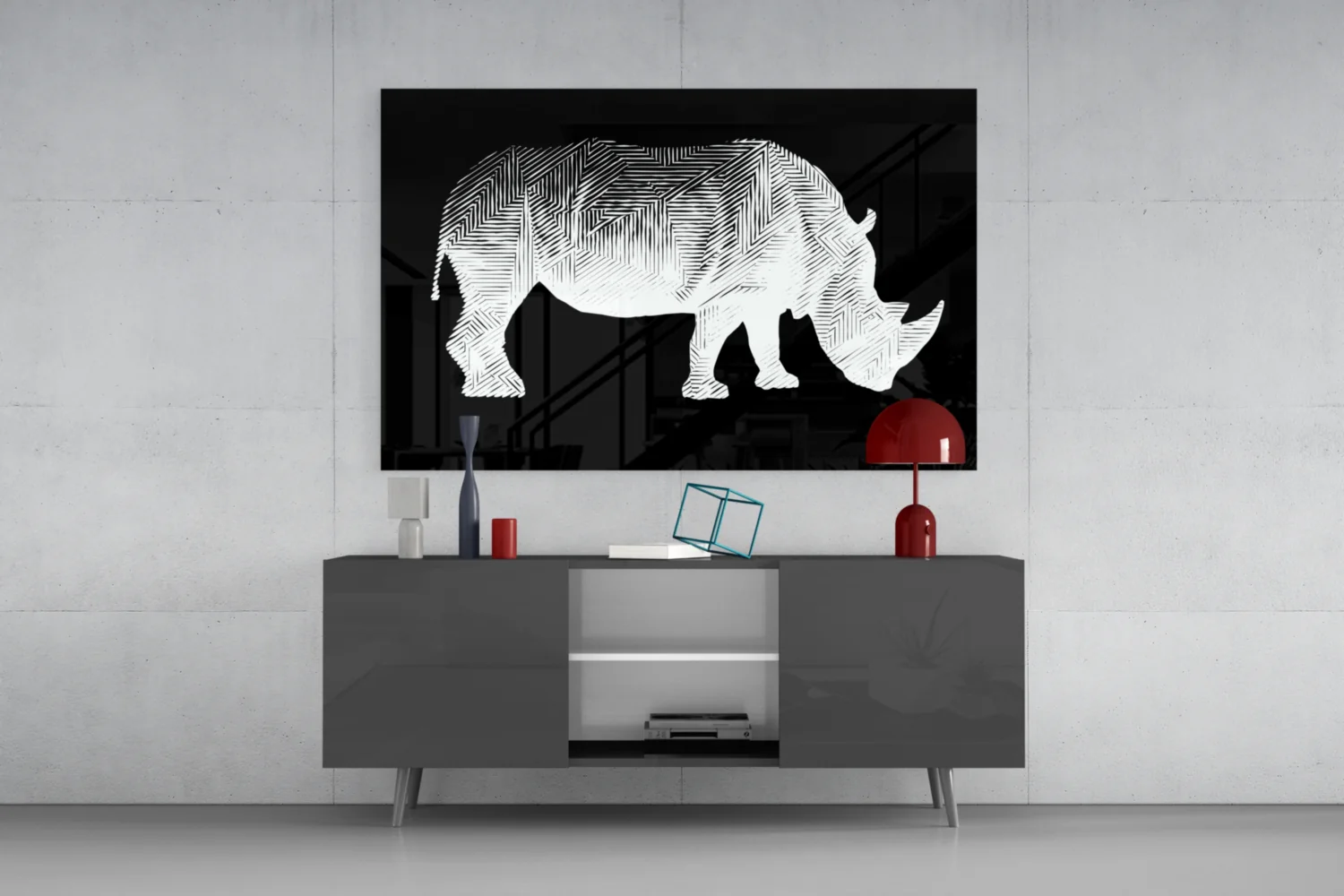 White Line Rhino on Black Glass Wall Art - Image 8