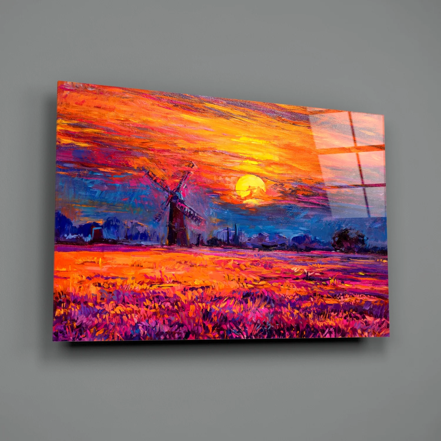 Windmill Purple Field Sunset Glass Wall Art - Image 2