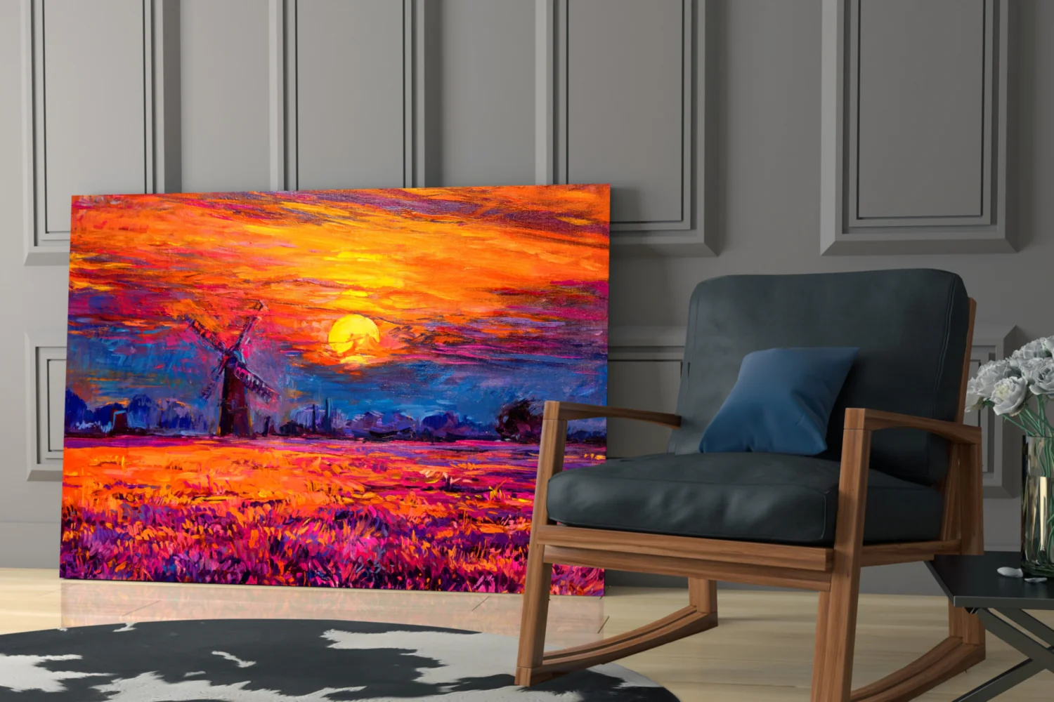 Windmill Purple Field Sunset Glass Wall Art - Image 6