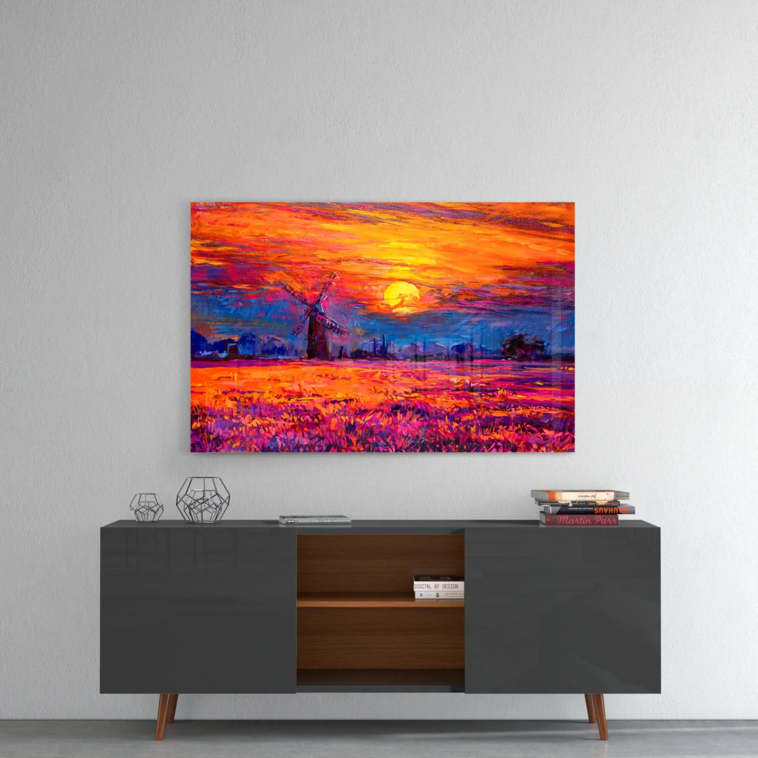 Windmill Purple Field Sunset Glass Wall Art - Image 8