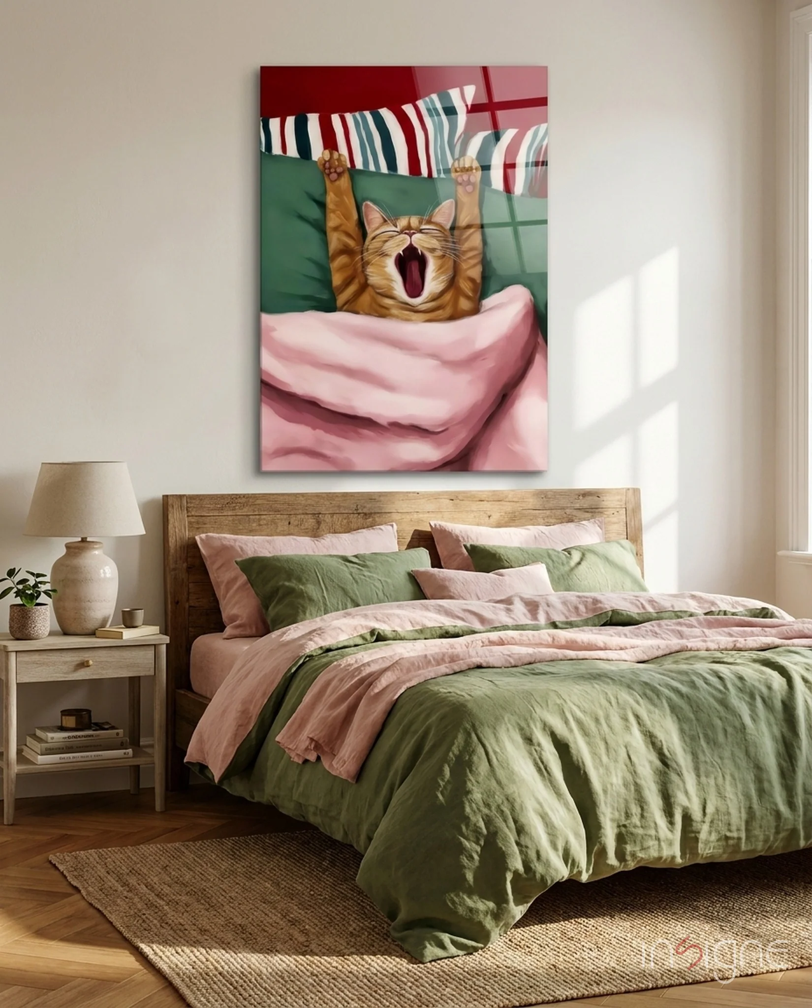 Yawning Cat in Bed Glass Wall Art