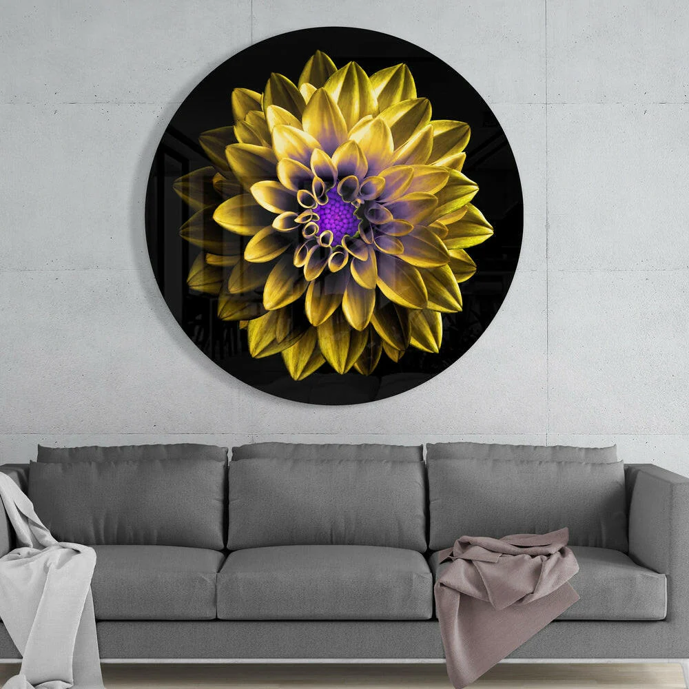Yellow Dahlia Purple Center Glass Wall Art - Image 2