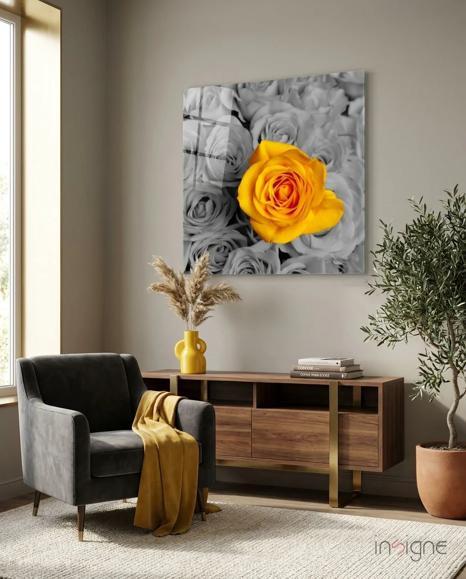 Yellow Rose Gray Bouquet Glass Wall Art