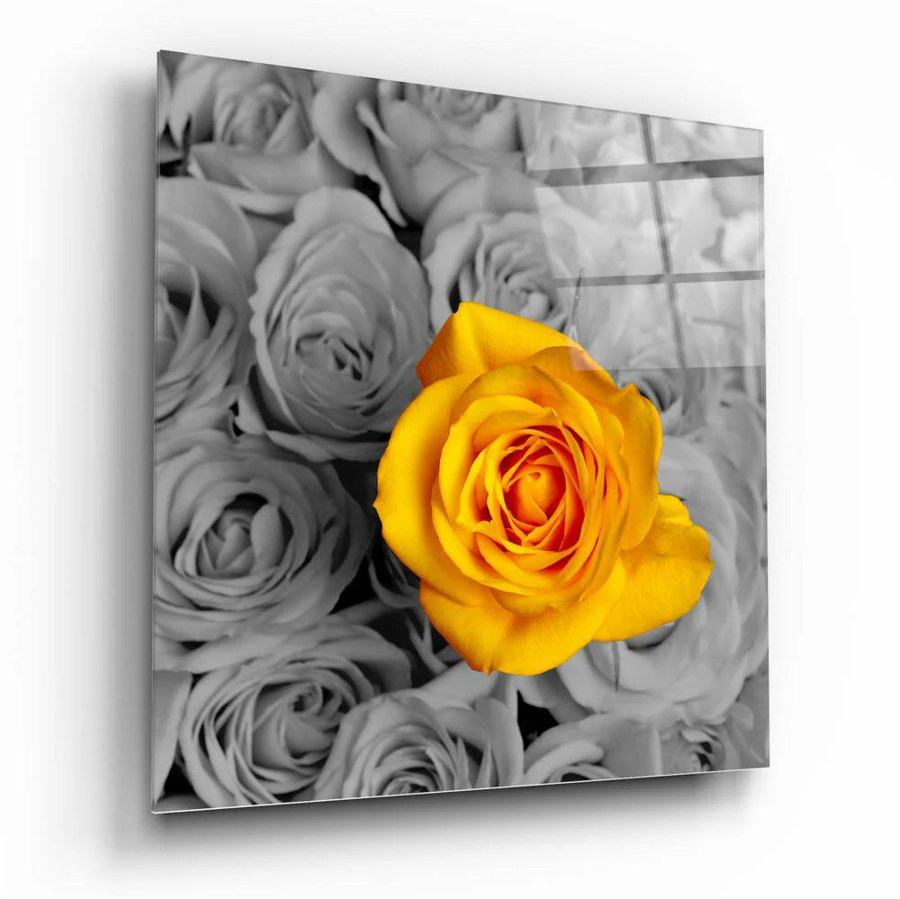 Yellow Rose Gray Bouquet Glass Wall Art - Image 2