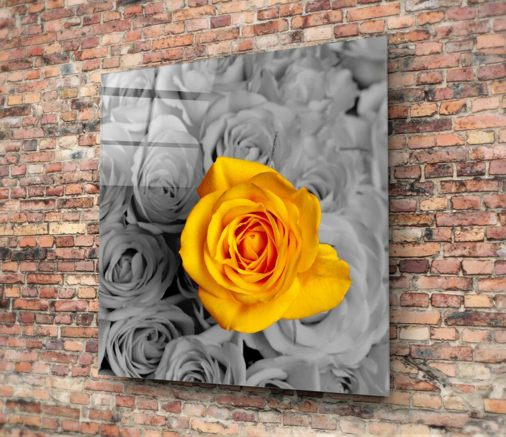 Yellow Rose Gray Bouquet Glass Wall Art - Image 3