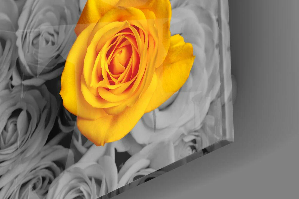Yellow Rose Gray Bouquet Glass Wall Art - Image 4