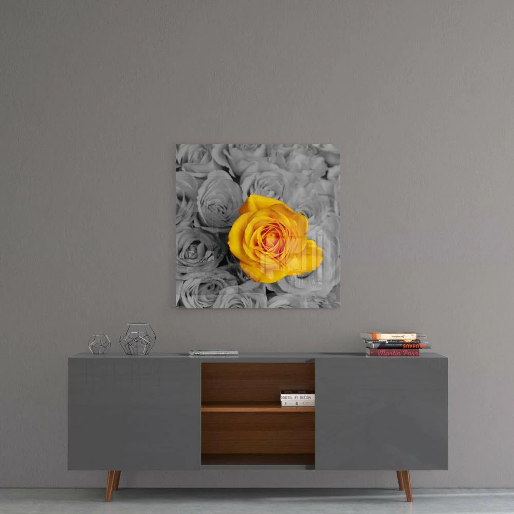 Yellow Rose Gray Bouquet Glass Wall Art - Image 5