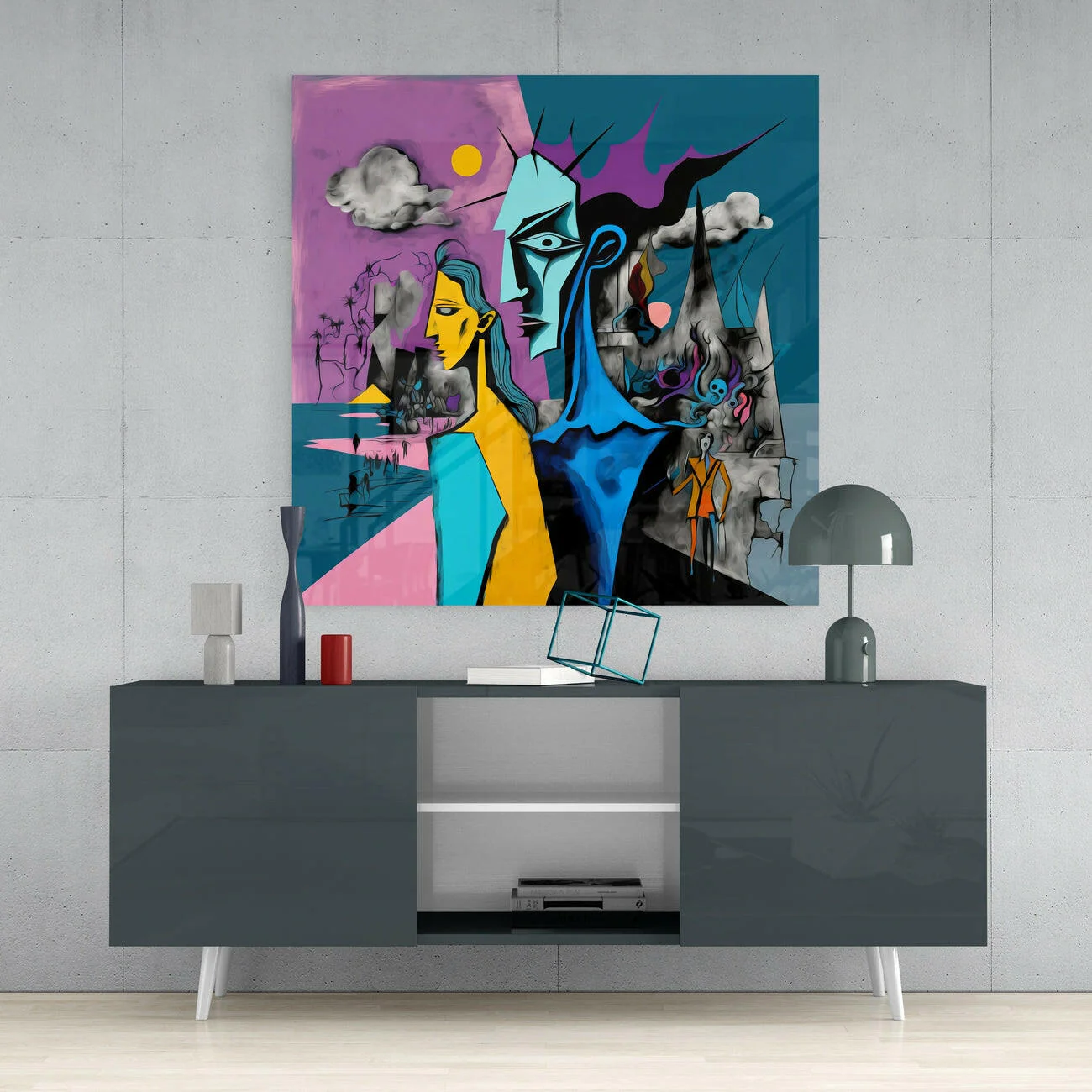 Yellow Woman Cubist Faces Glass Wall Art - Image 4